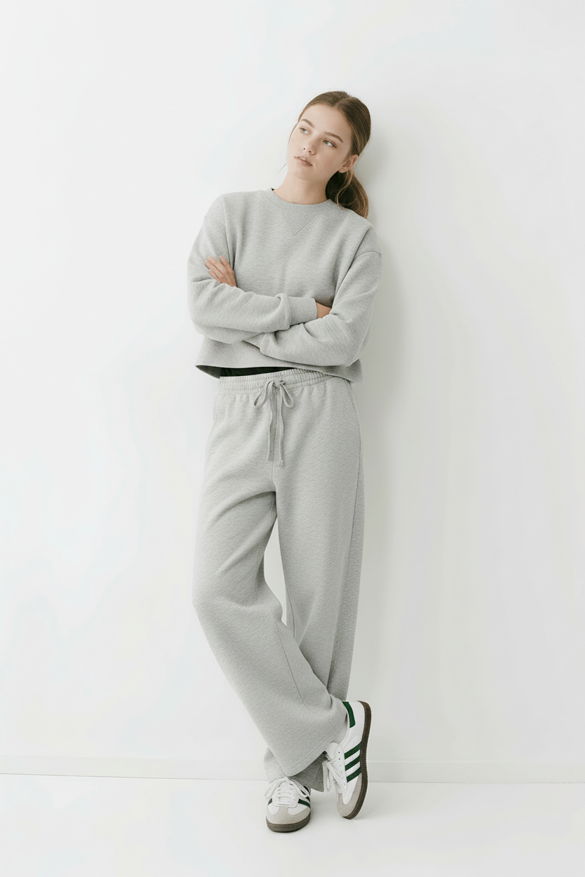 Pantalón chándal wide leg gris para bomba de insulina - editorial moda chica