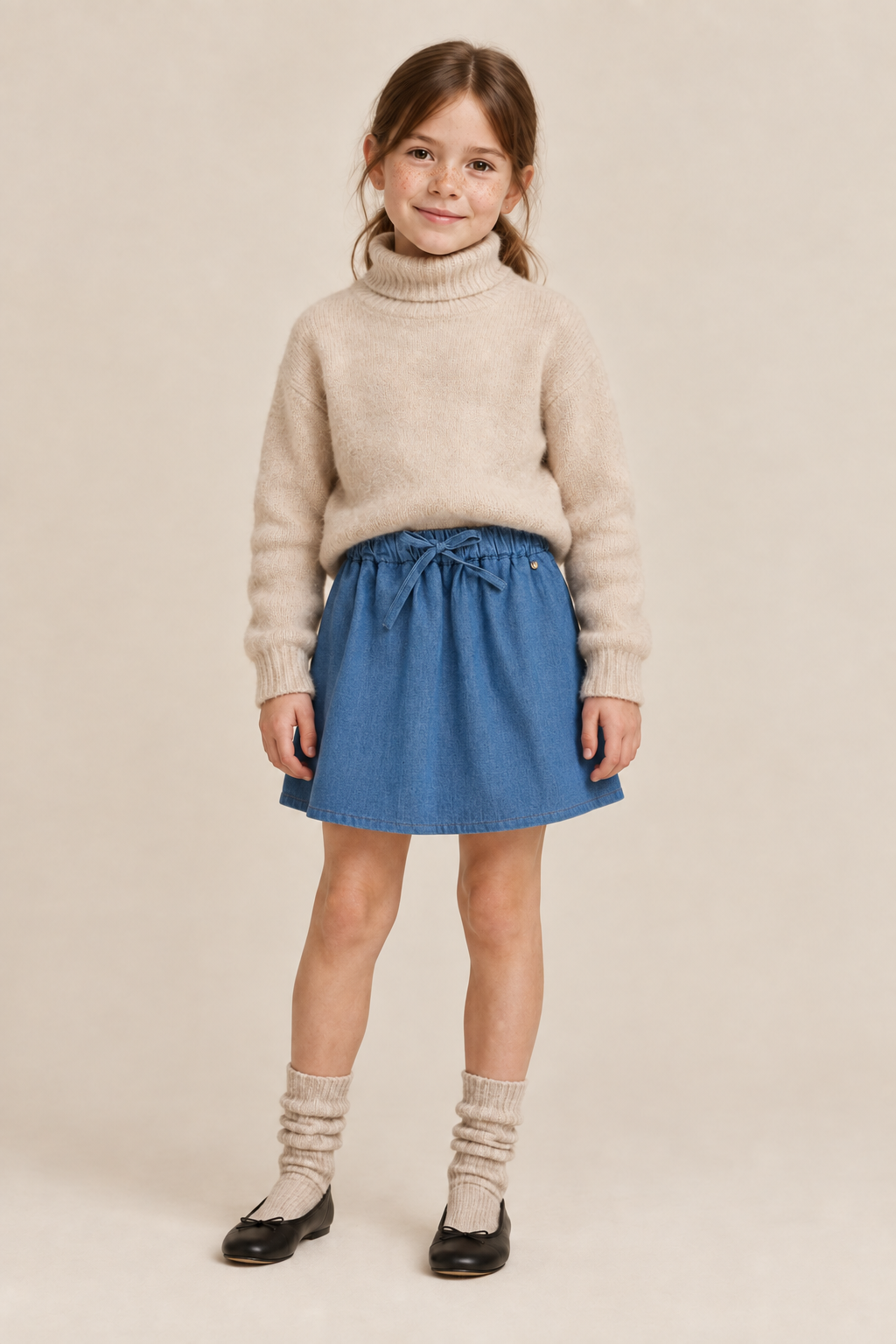 Falda denim infantil azul con cintura elástica y cordón frontal, combinada con jersey beige.